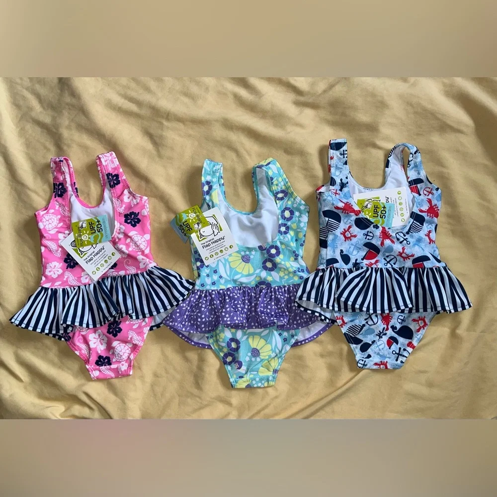 Lot of 3 Flap Happy Kids UV 50 NWT Ruffle One Piece Swimsuits Size 2